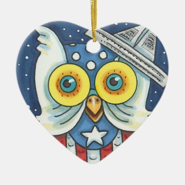 4 JULI AMERICAN HOOT UGGLA HELGDAG ORNAMENT Hrt (Framsidan)