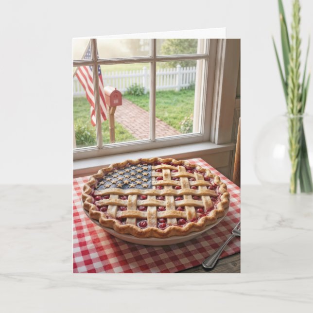 4 juli amerikansk flagga crust på en körsbärspaj kort (Framsida)