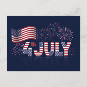 4 juli Amerikanska Flagga och Fireworks Vykort