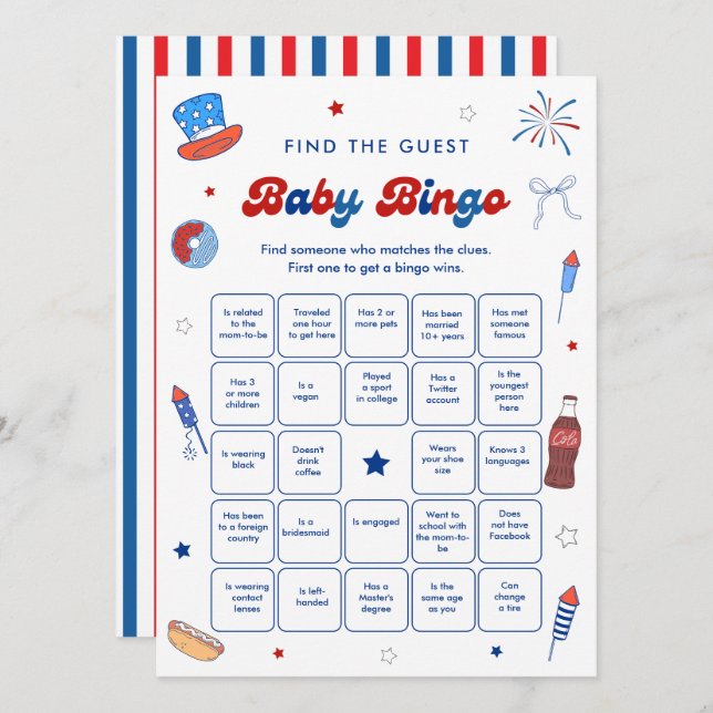 4 juli Baby Shower Bingo spelkort Inbjudningar (Fram/baksida)