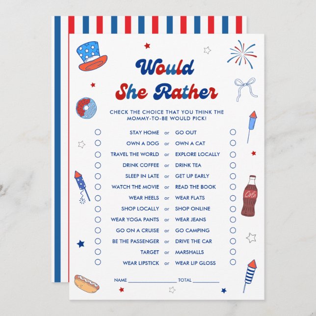 4 juli Baby Shower Gissa Vad Hon Föredrar Spelkort Inbjudningar (Fram/baksida)