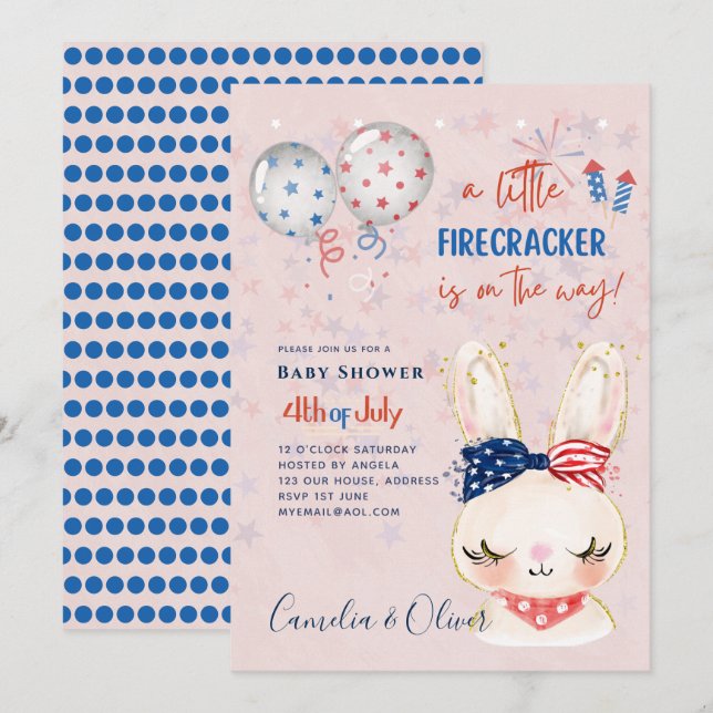 4 juli BABY SHOWER INBJUDAN Firecracker Bunny (Fram/baksida)