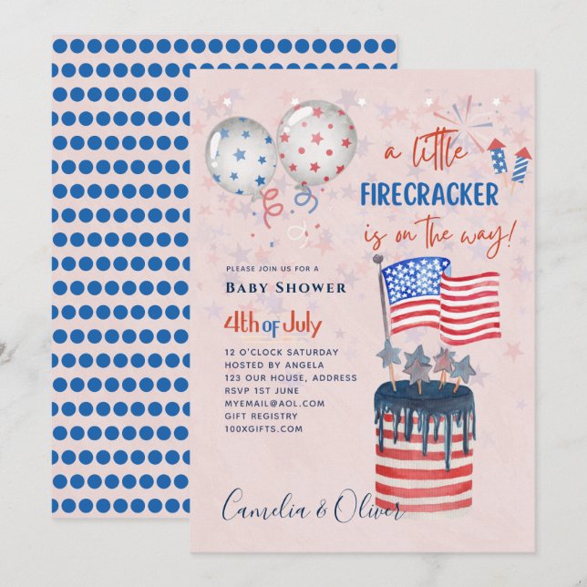 4 juli BABY SHOWER INBJUDAN Firecracker Cake Flagg (Fram/baksida)