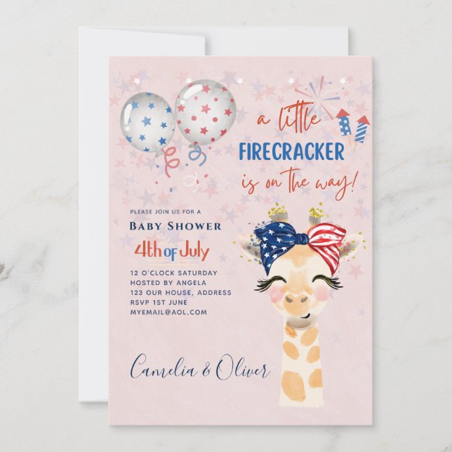 4 juli BABY SHOWER INBJUDAN Firecracker Giraffe (Framsida)