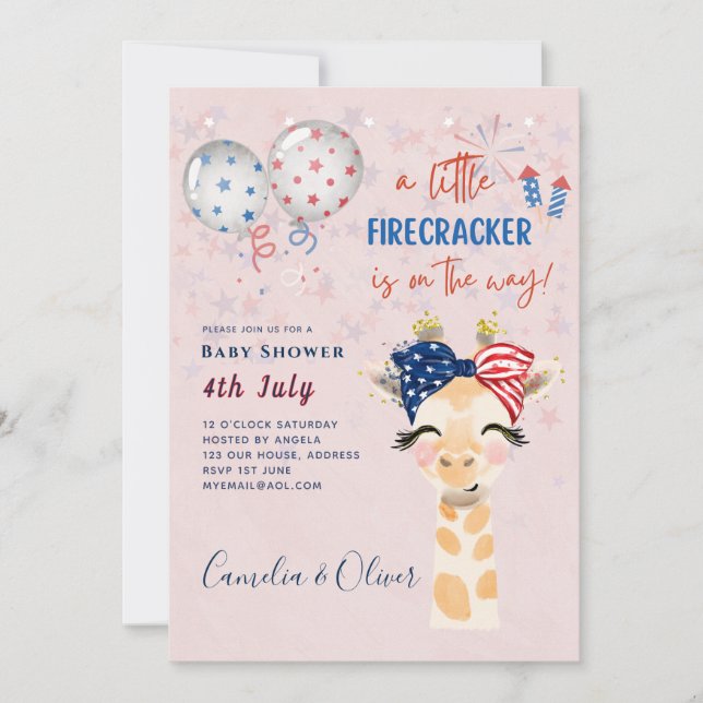 4 juli BABY SHOWER INBJUDAN Firecracker Giraffe (Framsida)