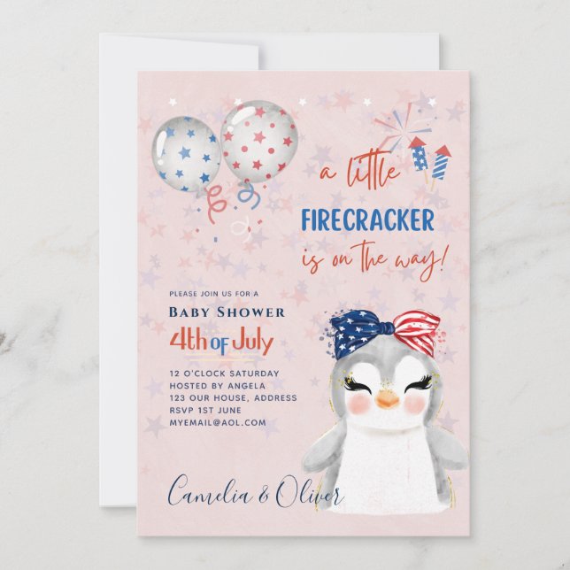 4 juli BABY SHOWER INBJUDAN Firecracker Penguin (Framsida)