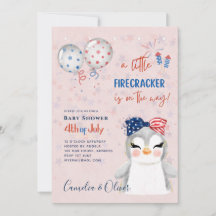 4 juli BABY SHOWER INBJUDAN Firecracker Penguin