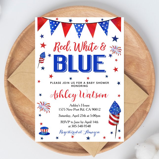 4 juli Baby Shower Röd Vit Blå Fyrverkerier Inbjudningar (Skapare uppladdad)