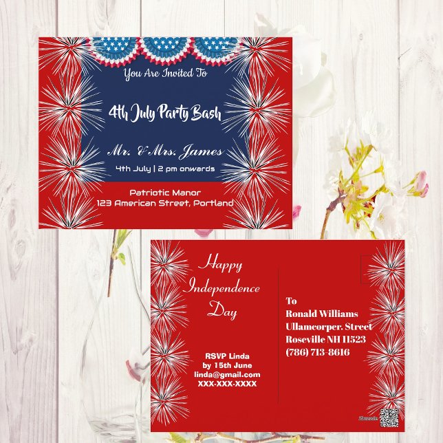 4 juli Bash-inbjudan till Patriotic Firecracker Pa Vykort (4 July Patriotic Firecracker Party Bash Invitation Postcard)