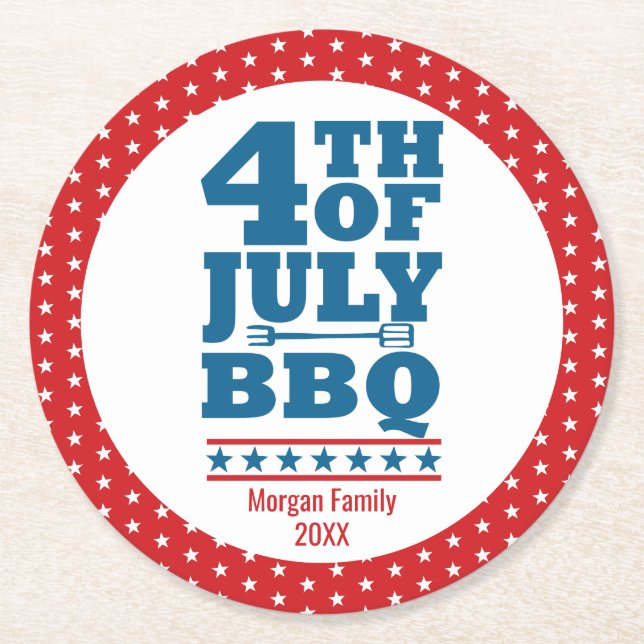 4 juli BBQ-fest Anpassat familjenamn Underlägg Papper Rund (Framsidan)