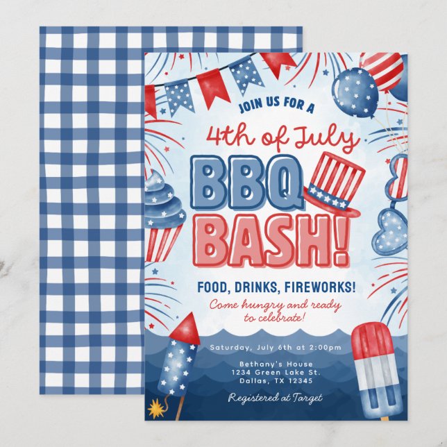 4 juli BBQ-fest Födelsedagsinbjudan Kort (Fram/baksida)