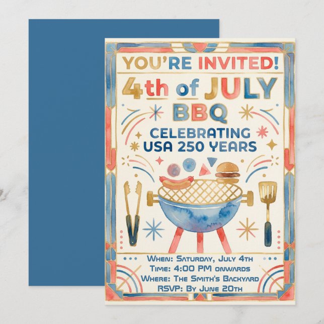 4 juli BBQ-inbjudan – USA 250 år Inbjudningar (Fram/baksida)