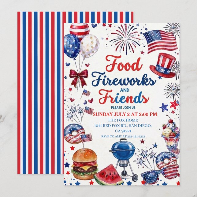 4 juli BBQ Mat Vän och Fyrverkeri Inbjudningar (Fram/baksida)
