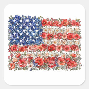 4 juli blomsterflagga fyrkantigt klistermärke