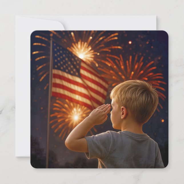 4 juli Boy Saluting Flagga Inbjudningar (Framsida)