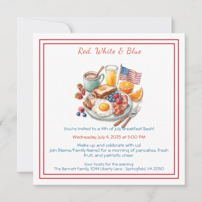4 juli Breakfast Invitation – Patriotisk  Julkort (Framsida)