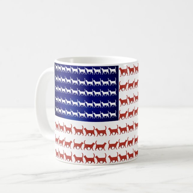 4 juli Cat Flagga White och Blue Kaffemugg (Framsida vänster)