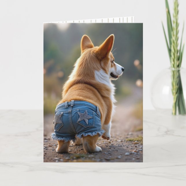 4 juli Corgi Hund som bär blå jeanskort Kort (Framsida)