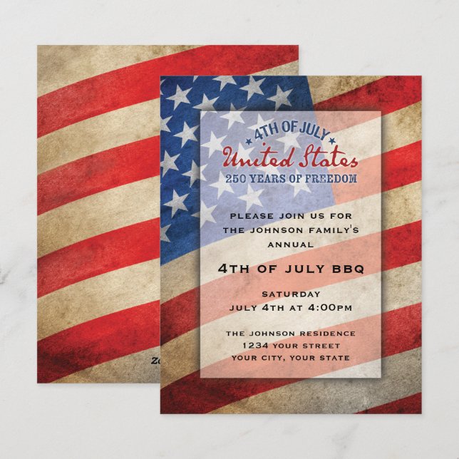 4 juli-fest Inbjudan USA 250 år (Fram/baksida)