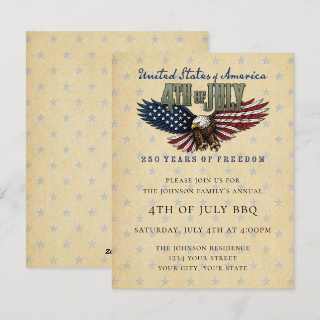 4 juli-fest-inbjudan USA 250 år Julkort (Fram/baksida)