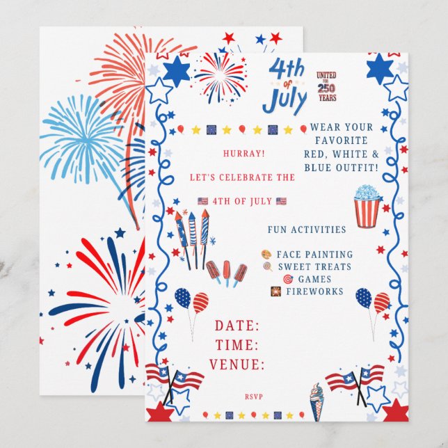 4 juli-fest Invitation – Patriotisk Röd, Vit Inbjudningar (Fram/baksida)