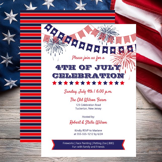 4 juli Firande Fireworks | Bunting Holid Inbjudningar (4th of July Celebration Fireworks and Bunting Flags Independence Day Invitation - Print | Digital)