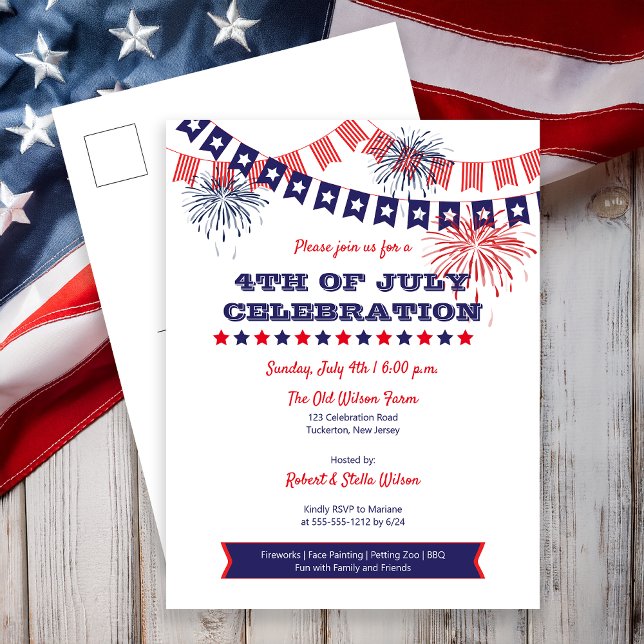 4 juli Firande Fireworks | Bunting Inbjudan (4th of July Celebration Fireworks Bunting Postcard Invite)