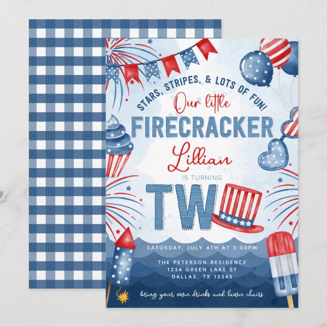 4 juli Fireworks 2:a födelsedagen Party Inbjudningar (Fram/baksida)