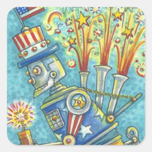 4 JULI FIREWORKS ROBOT STICKERS Squ. * LAKAN Fyrkantigt Klistermärke