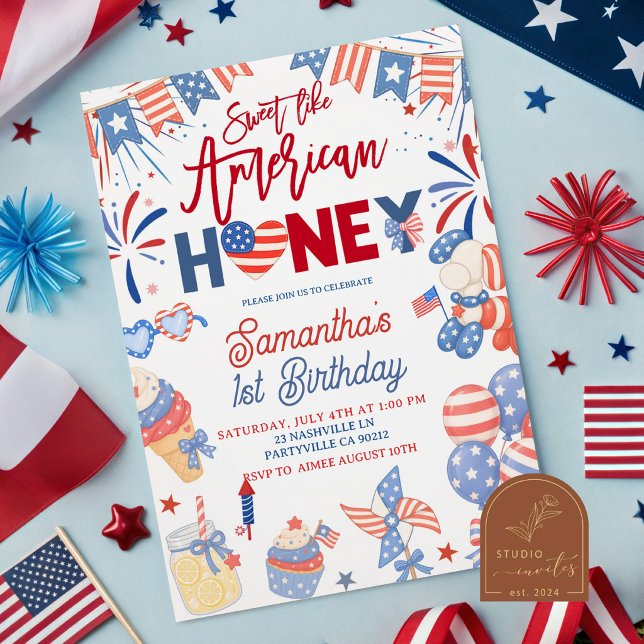 4 juli-flicka Amerikansk hONung Födelsedag Inbjudningar (Skapare uppladdad)