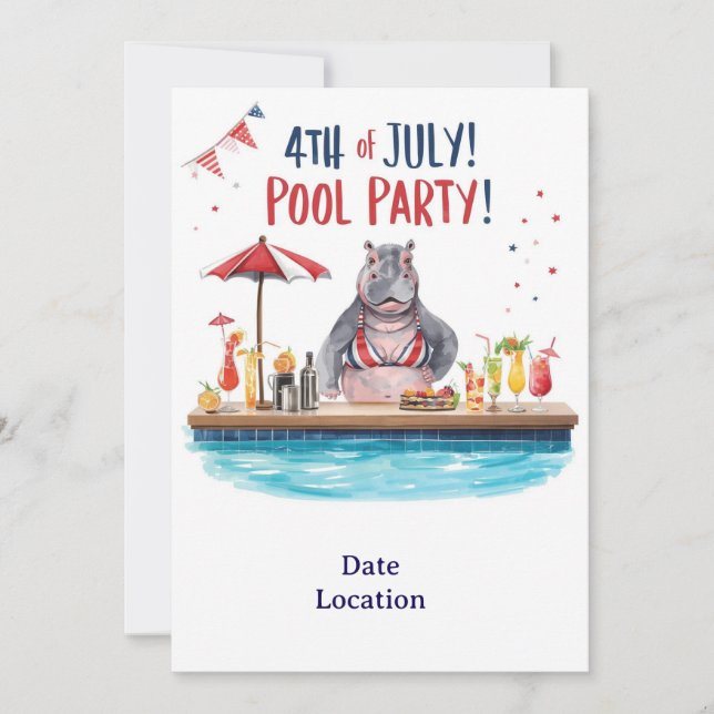 4 juli flodhäst bikini poolparty  inbjudningar (Framsida)