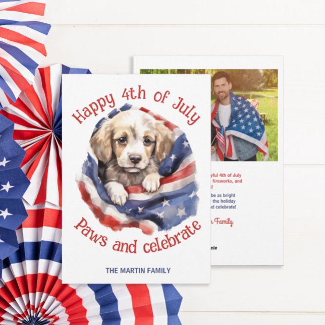 4 juli fotos hälsning  julkort (4th of July American flag and puppy photo greeting card for friends and family)