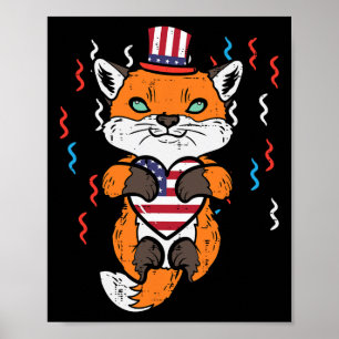 4 juli Fox American Flagga Heart Patriotic Kids Poster