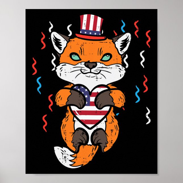 4 juli Fox American Flagga Heart Patriotic Kids Poster (Framsidan)