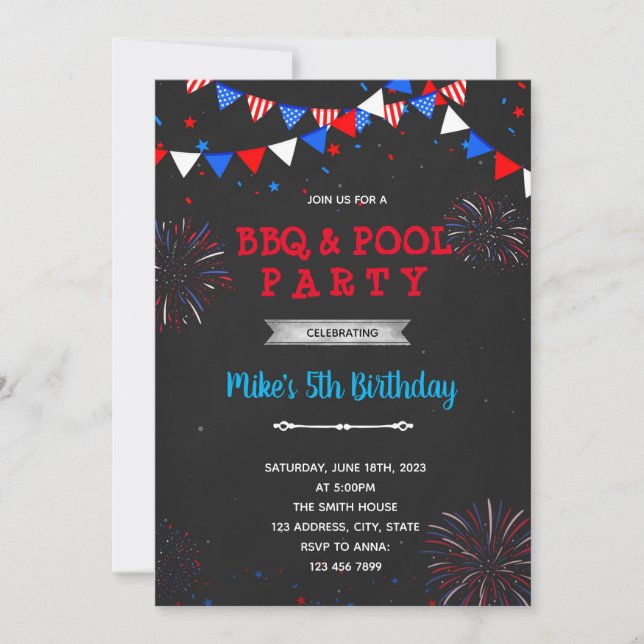 4 juli fyrverkeri en födelsedagspresent inbjudningar (Framsida)