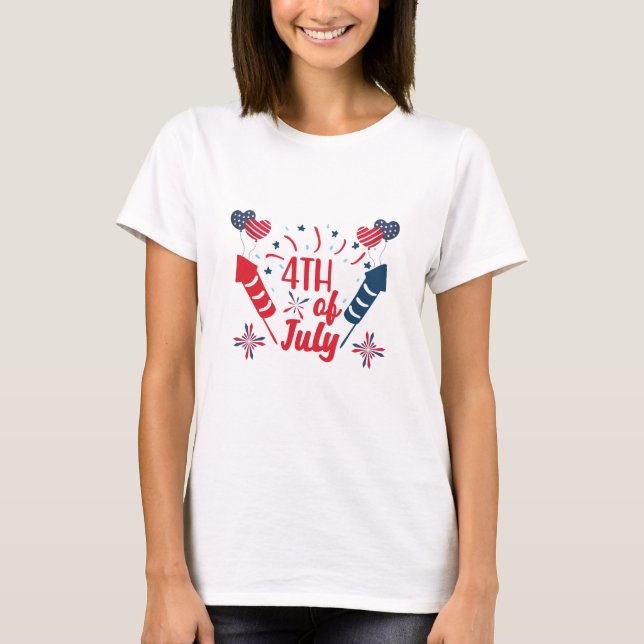 4 juli fyrverkerier Röd Vit Blå Patriotisk T Shirt (Framsida)