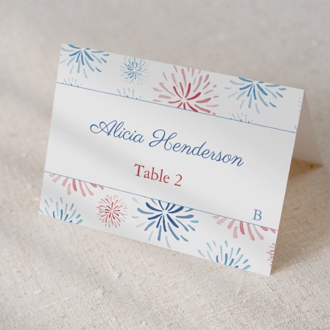 4 juli fyrverkerier Röda Vita Blå Platskort Bordsnummer (Individual place card design featuring red white and blue firework bursts)