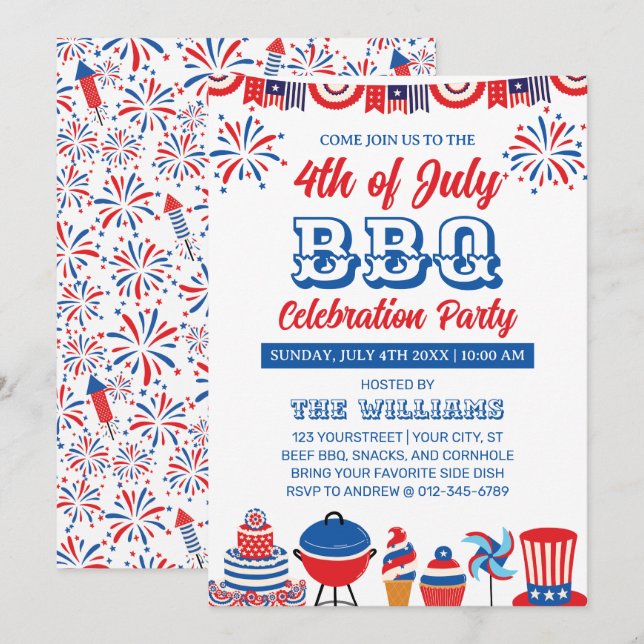 4 juli fyrverkerier Självständighetsdagen Grillfes Inbjudningar (Fram/baksida)