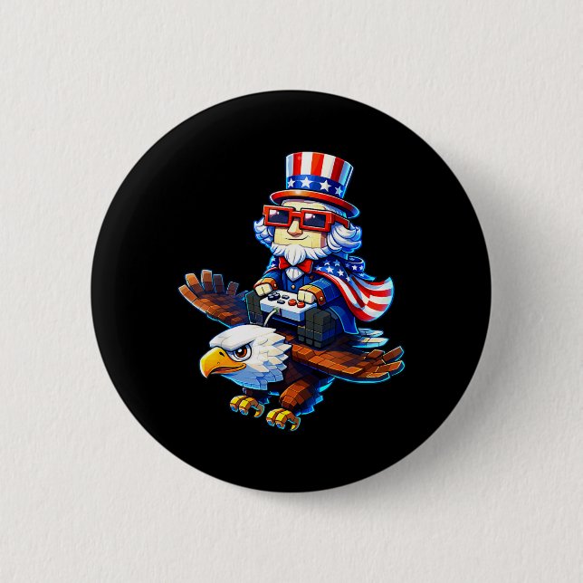 4 juli Gamer Patriotisk Farbror Sam Retro Pixel Knapp (Framsida)