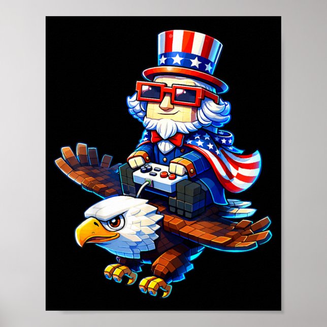 4 juli Gamer Patriotisk Farbror Sam Retro Pixel Poster (Framsidan)