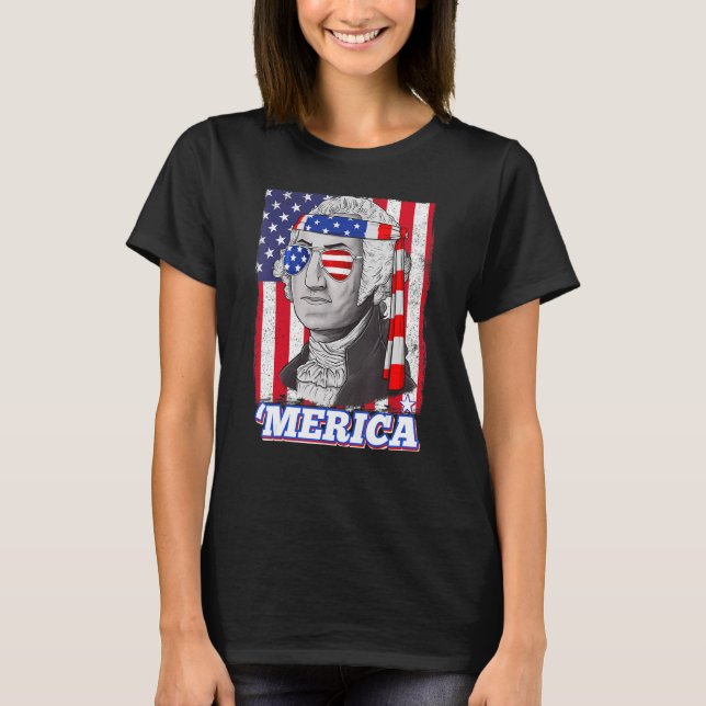 4 juli George Washington Patriotic Merica Fla T Shirt (Framsida)