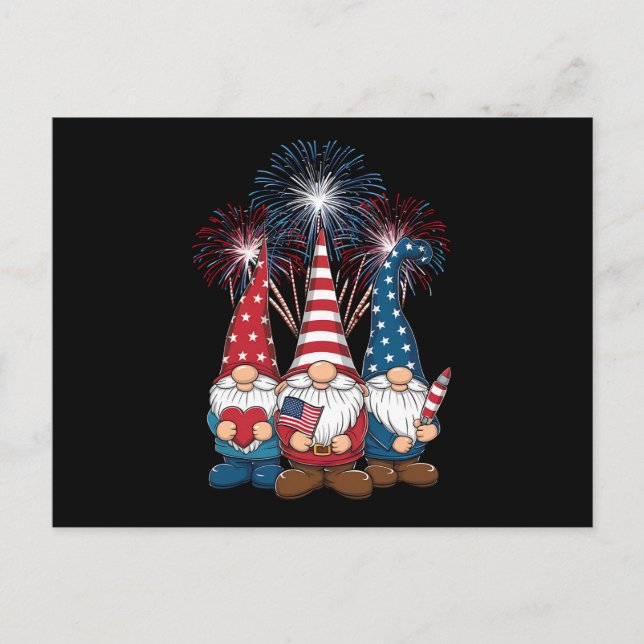 4 juli Gnomes Funny Patriotic USA flagga Vykort (Framsida)