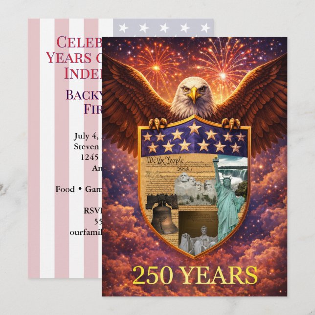 4 juli Great American Eagle Shield 250-årsfirande Inbjudningar (Fram/baksida)
