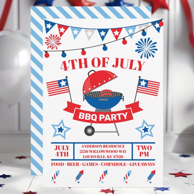 4 juli Grill Ljusblå Barbeque BBQ-fest  Inbjudningar (Skapare uppladdad)