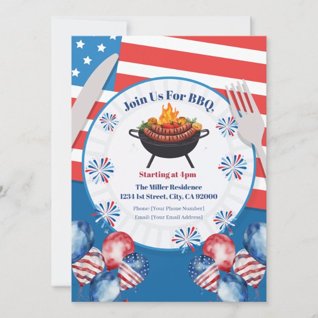 4 juli grillfest inbjudan, fest i USA inbjudan (Framsida)