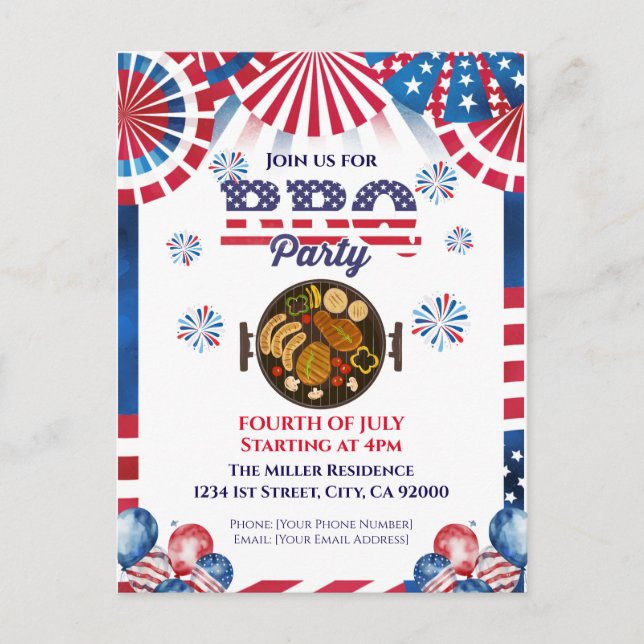 4 juli grillfest inbjudan, fest i USA inbjudan (Framsida)