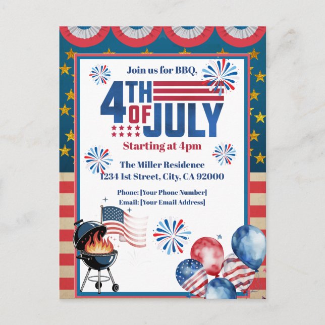 4 juli grillfest inbjudan, fest i USA inbjudan (Framsida)