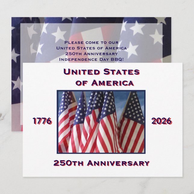 4 juli grillfest, USA 250-årsjubileum, flaggor Inbjudningar (Fram/baksida)
