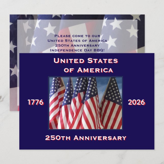4 juli grillfest, USA 250-årsjubileum, flaggor Inbjudningar (Fram/baksida)