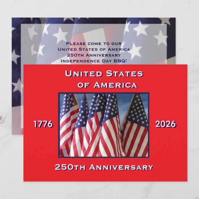 4 juli Grillfest, USA 250-årsjubileum, Flaggor Inbjudningar (Fram/baksida)